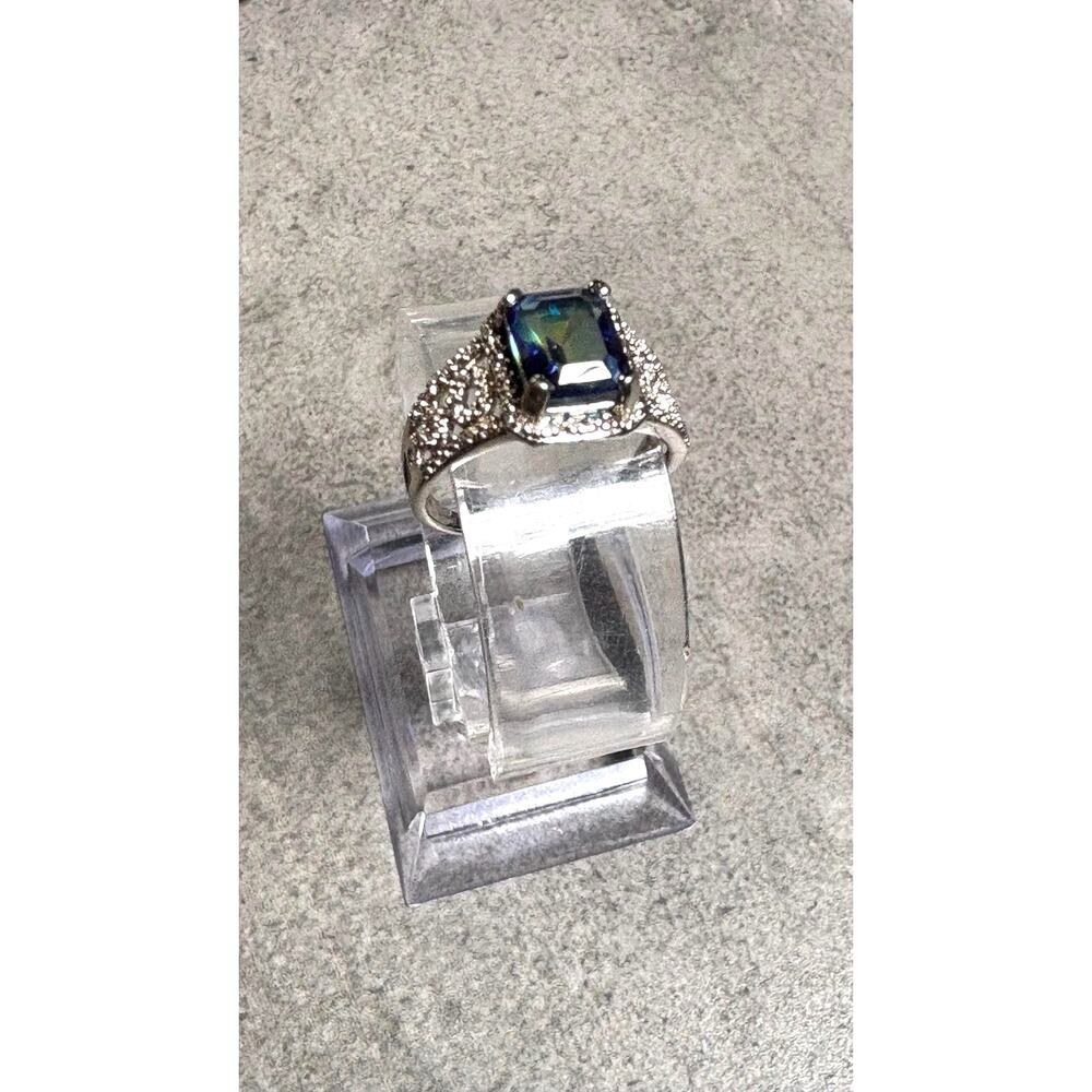Mystic Peacock Blue Green Emerald Cut Cocktail Ring Pave Halo Band Size 7